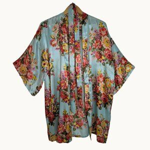 Floral Satin Kimono Robe in Light Blue